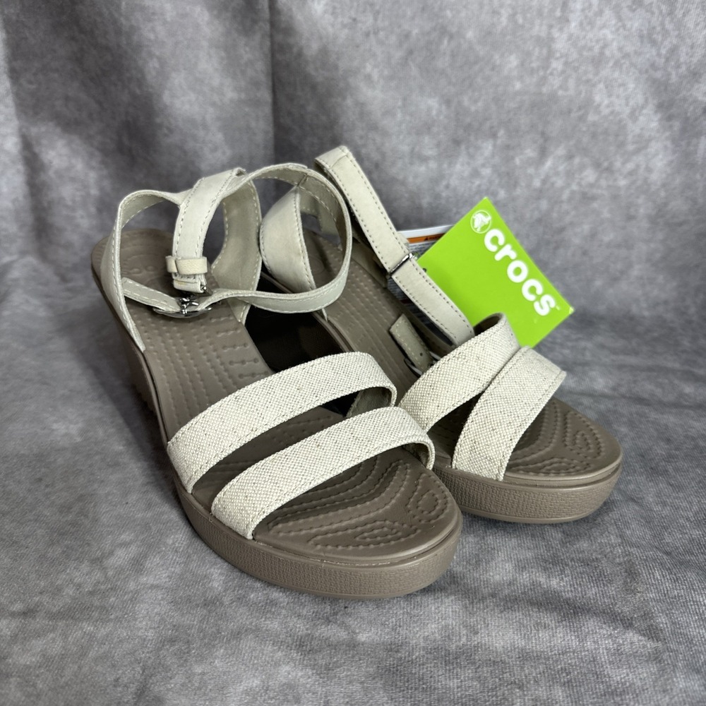 Crocs Leigh Cross Wedge Sandal Women's Size 8 Oatmeal/Mushroom NEW
